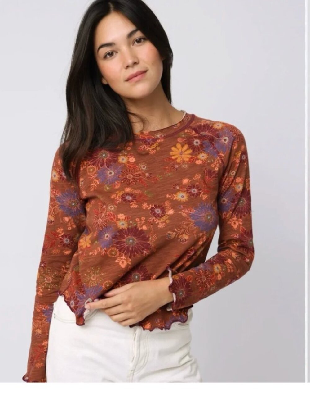 Natural Life Lily Cotton Long Sleeve Top M Aster Clusters Brown Rust Floral Boho